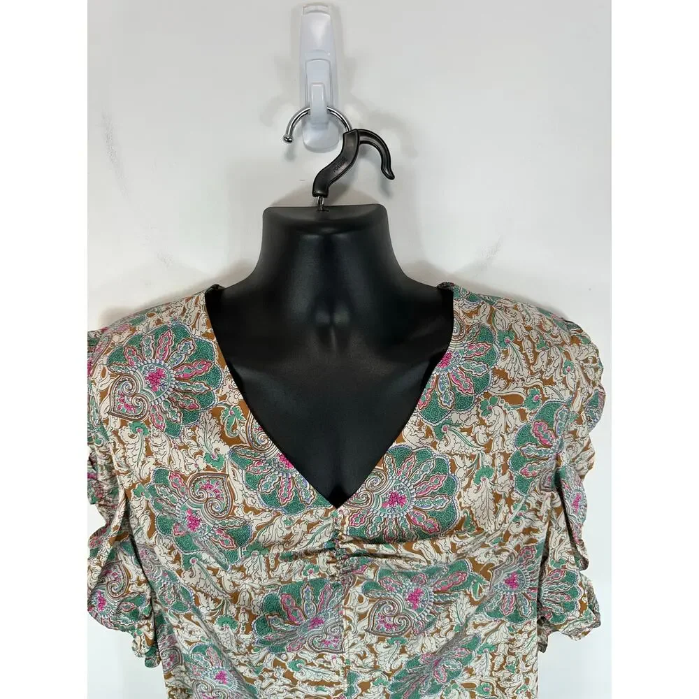 Veronica Beard Henrieta Floral Top Silk Stretch Sz 12 Half Sleeve V Neck Preppy - Picture 12 of 15